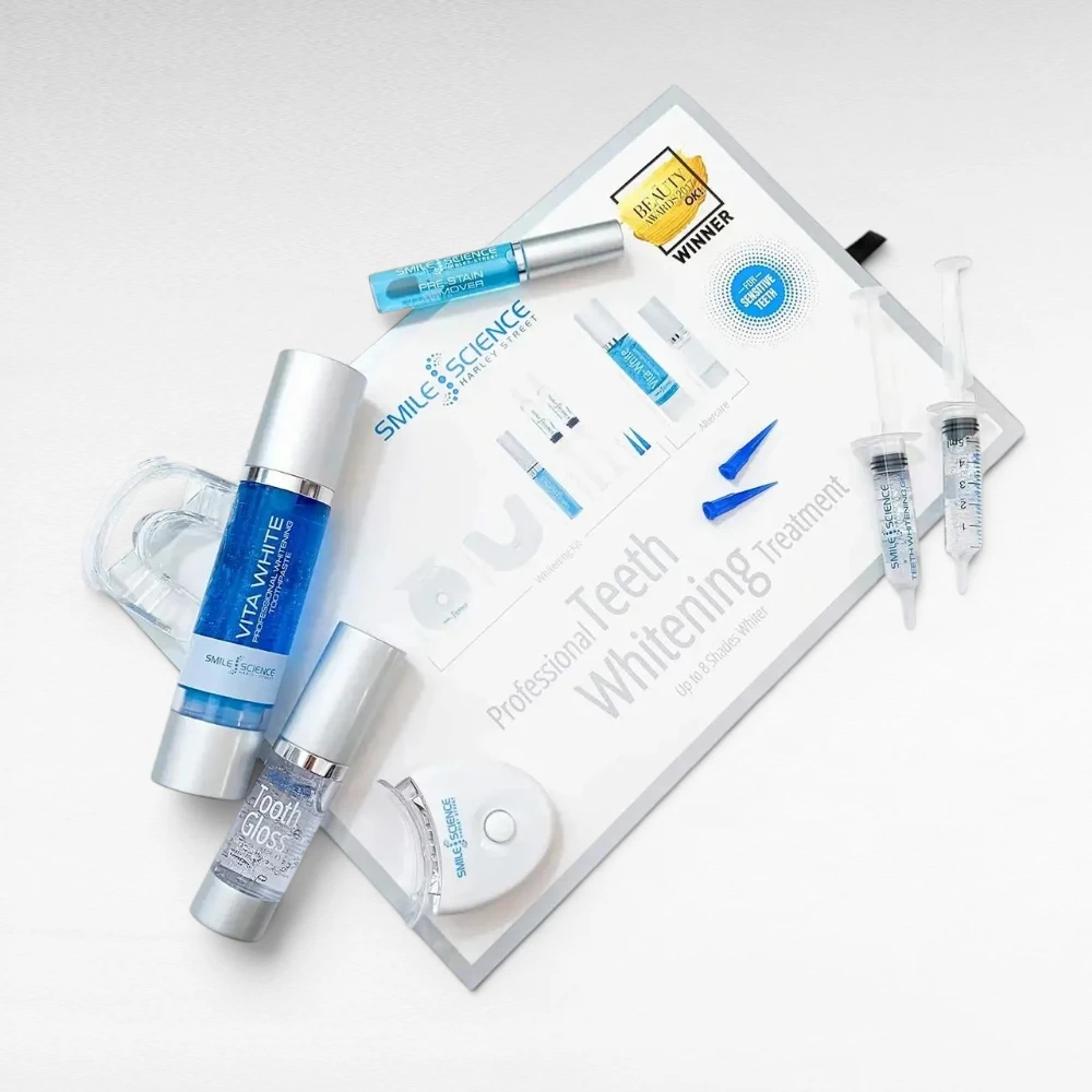 Smile Science Harley Street professional teeth whitening treatment with Vita White toothpaste, tooth gloss, and whitening tray
