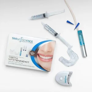 Smile Science Harley Street LED-activated teeth whitening kit with mouth tray, whitening syringes, and stain remover