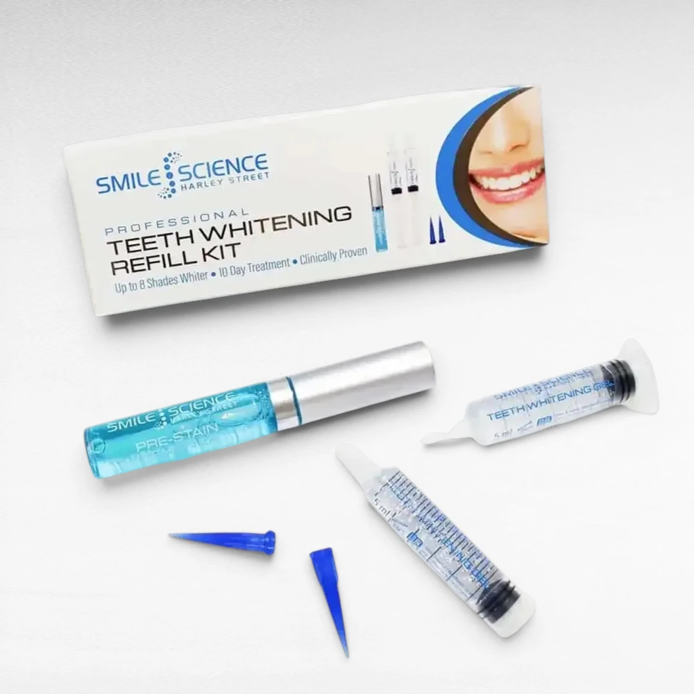 Smile Science Harley Street teeth whitening refill kit with whitening gel syringes and activator pen