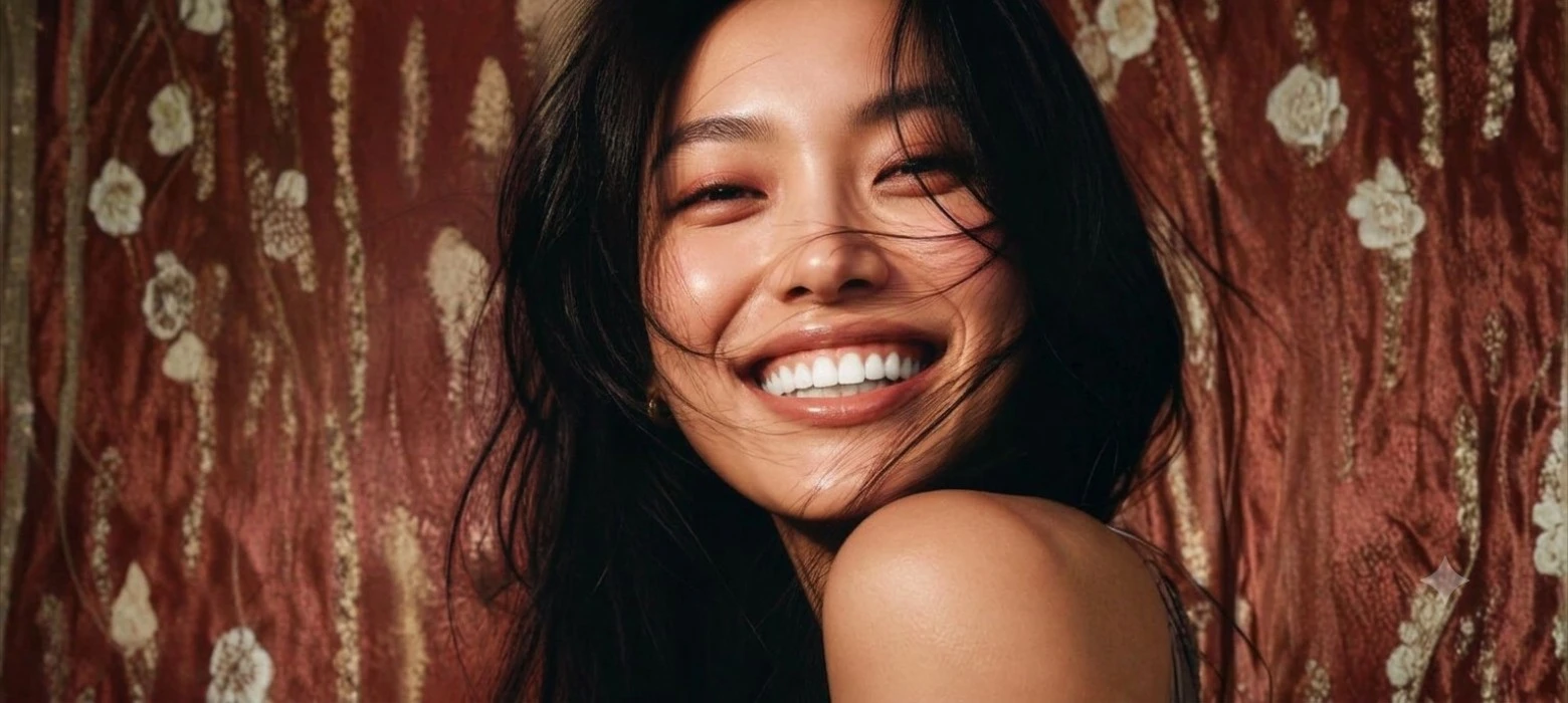 Woman smiling with bright white teeth after PAP whitening treatment