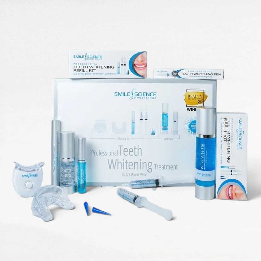 Smile Science Harley Street professional teeth whitening bundle with LED kit, refill kits, toothpaste, tooth gloss, and pen