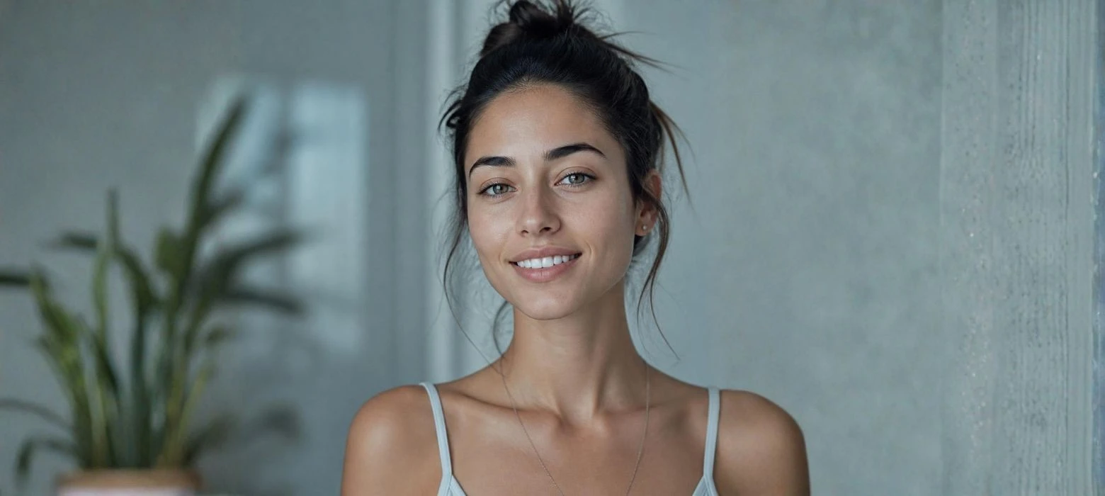 Woman with healthy smile, teeth whitening routine