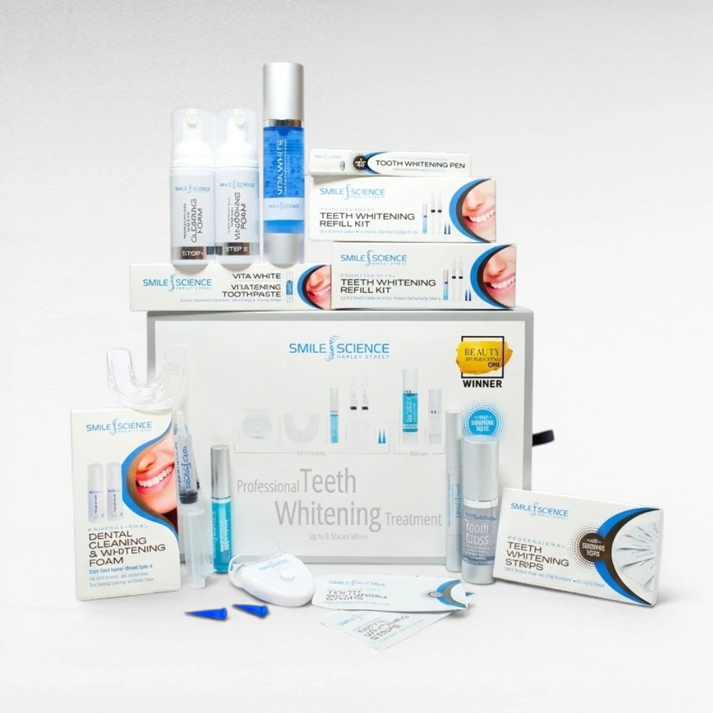 Smile Science Harley Street ultimate teeth whitening bundle with LED kit, refill kits, strips, toothpaste, foam, and pen