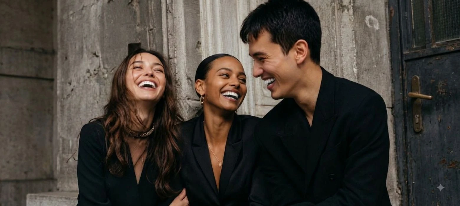 Three friends smiling with bright white teeth discussing why teeth turn yellow